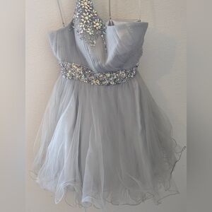 May Queen Couture Silver One Shoulder Beaded Prom Cocktail Dress Size 12